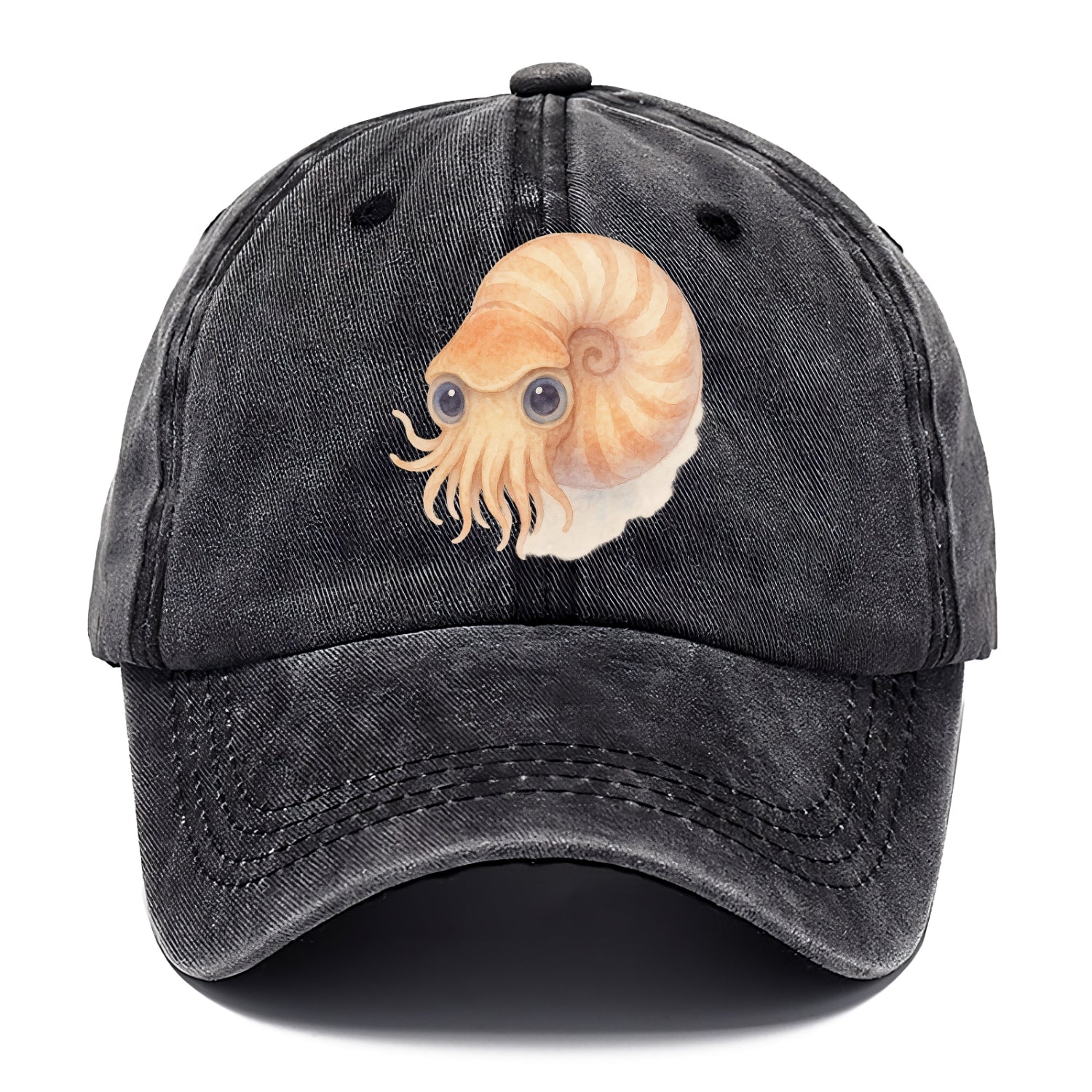 Baby Nautilus - spiral shell, tentacles peeking, ancient eyes, front-facing, living - Classic Cap - Graphite