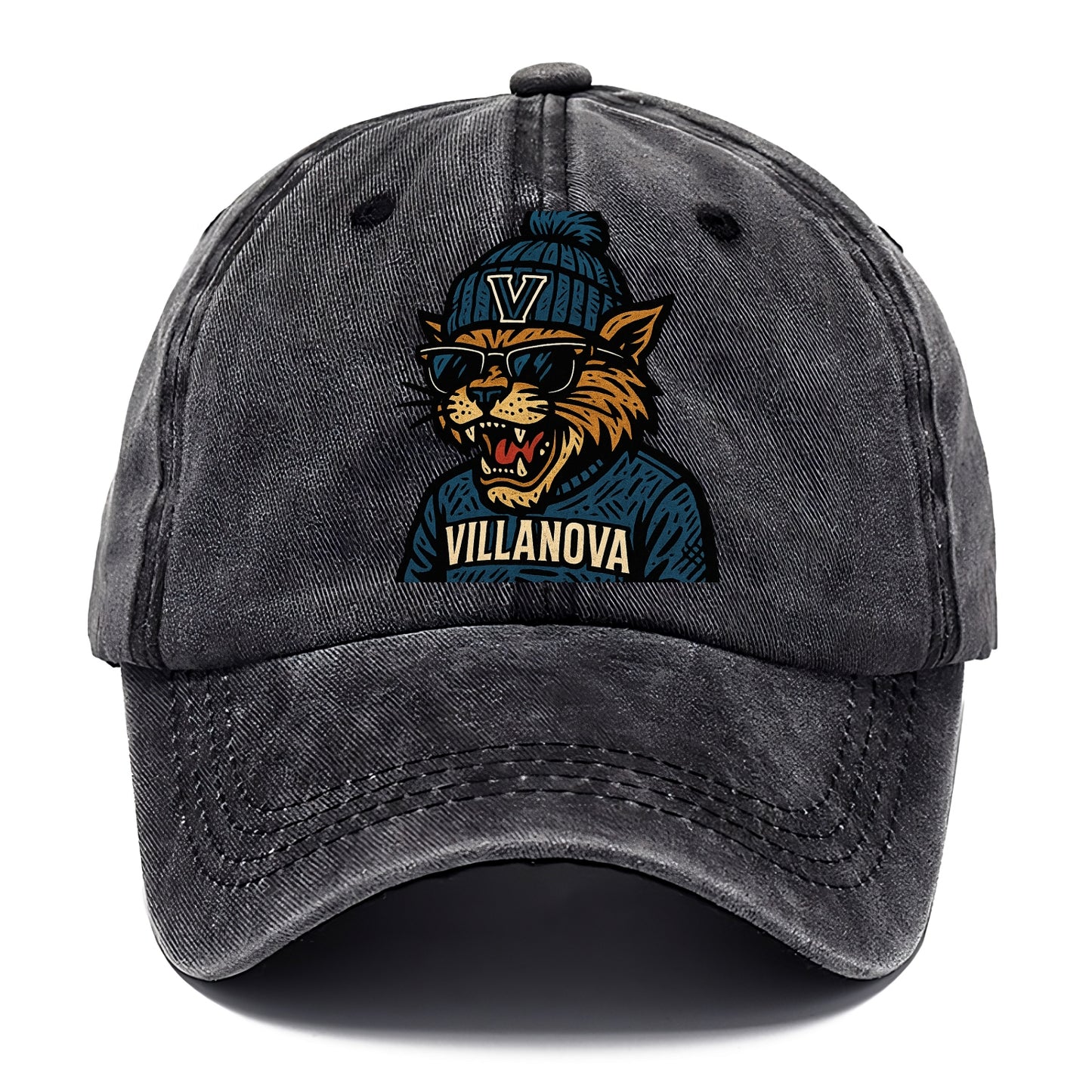 Villanova Wildcat wearing Villanova beanie with V patch - Classic Cap - Graphite