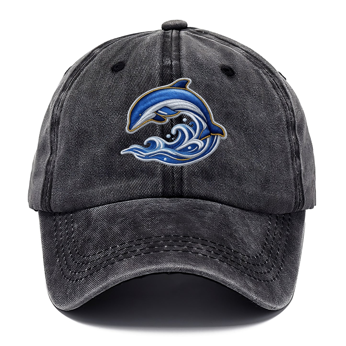 Embroidered patch design - SWIMMING DOLPHIN - diving dolphin with waves in blue and - Classic Cap - Graphite