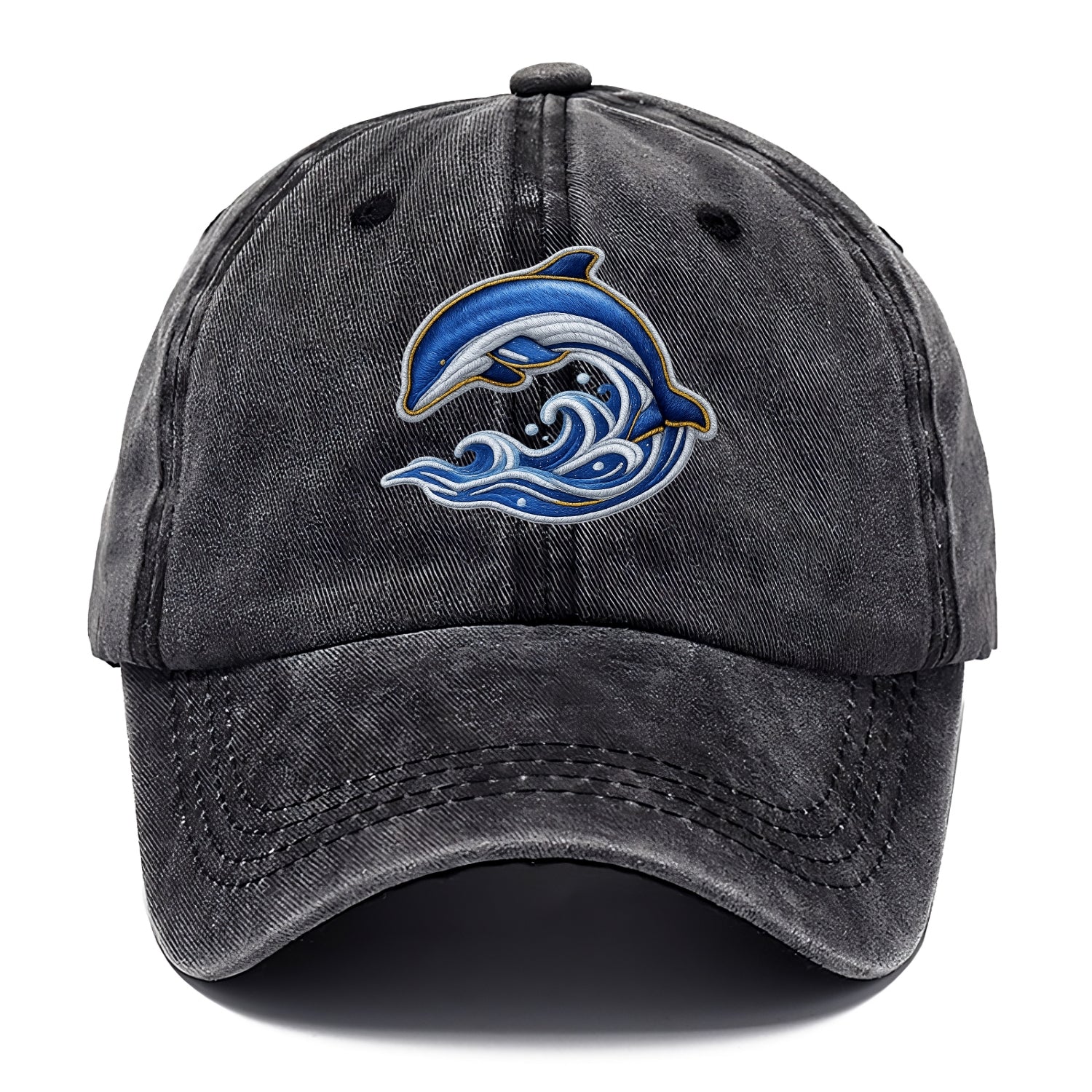 Embroidered patch design - SWIMMING DOLPHIN - diving dolphin with waves in blue and - Classic Cap - Graphite