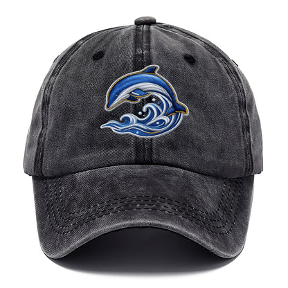 Embroidered patch design - SWIMMING DOLPHIN - diving dolphin with waves in blue and - Classic Cap - Graphite