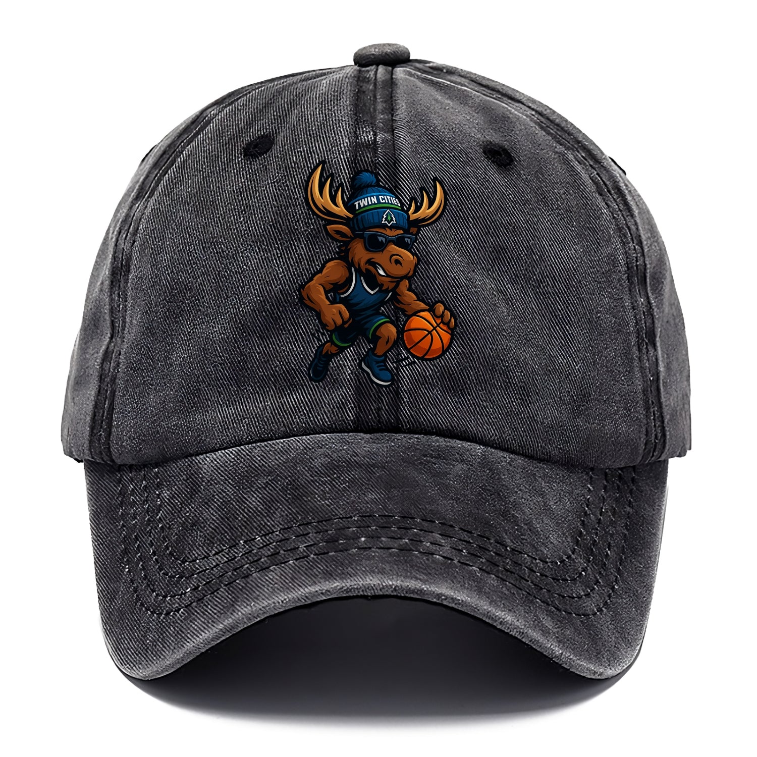 Twin Cities Moose wearing Timberwolves beanie with pine tree patch and wayfarer - Classic Cap - Graphite