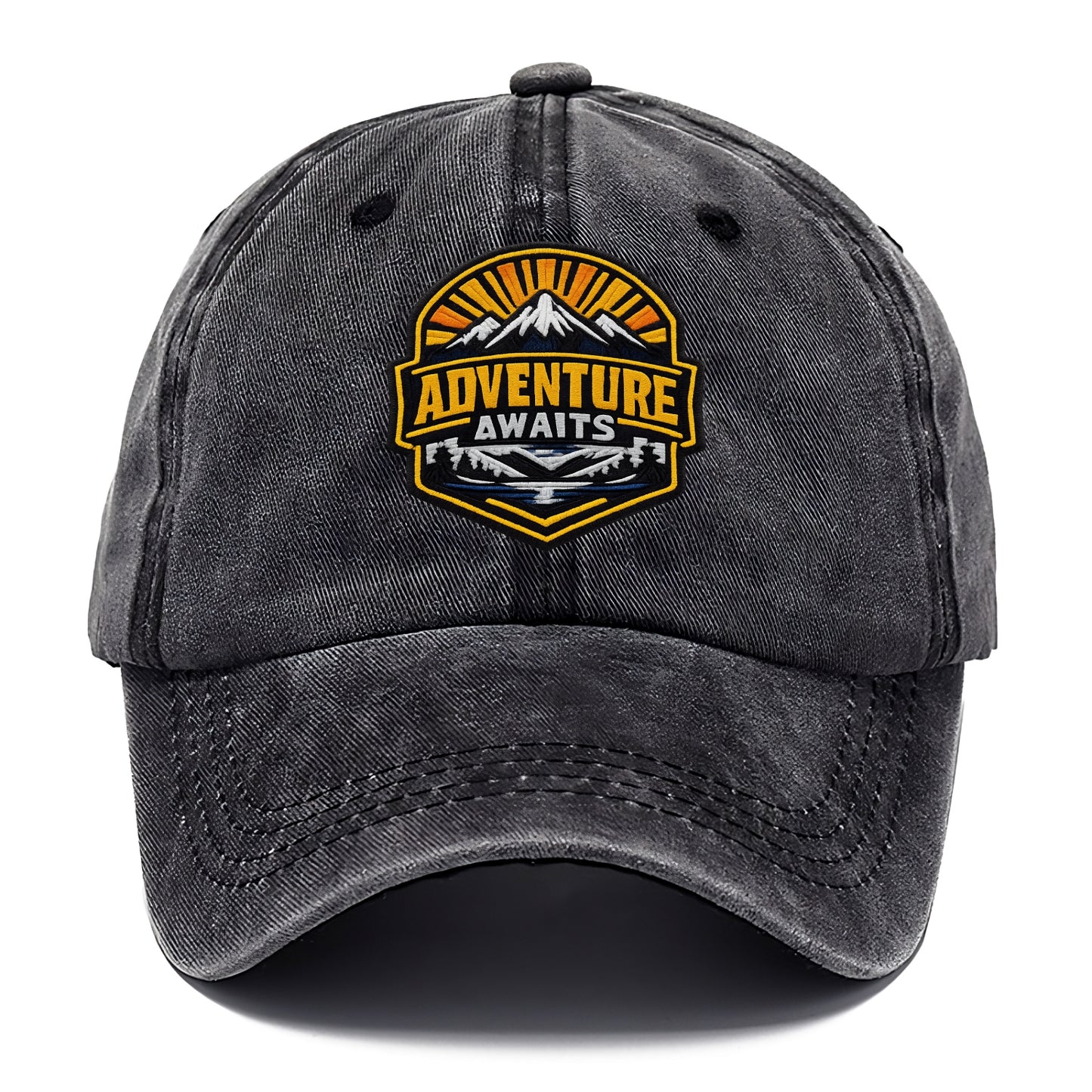 ADVENTURE AWAITS - mountain sunrise with text in gold and blue , wanderlust - Classic Cap - Graphite