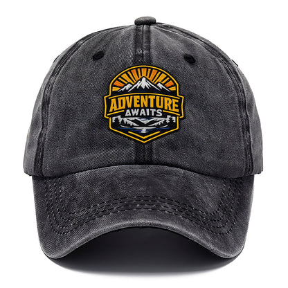 ADVENTURE AWAITS - mountain sunrise with text in gold and blue , wanderlust - Classic Cap - Graphite