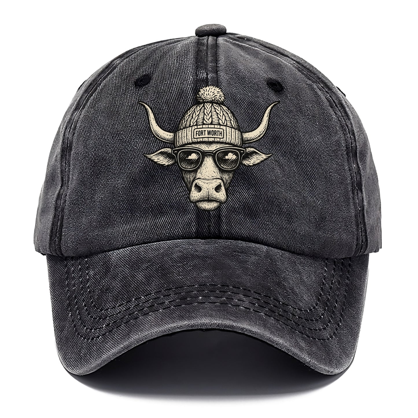 Fort Worth Longhorn wearing Fort Worth beanie with pom pom and wayfarer sunglasses - Classic Cap - Graphite