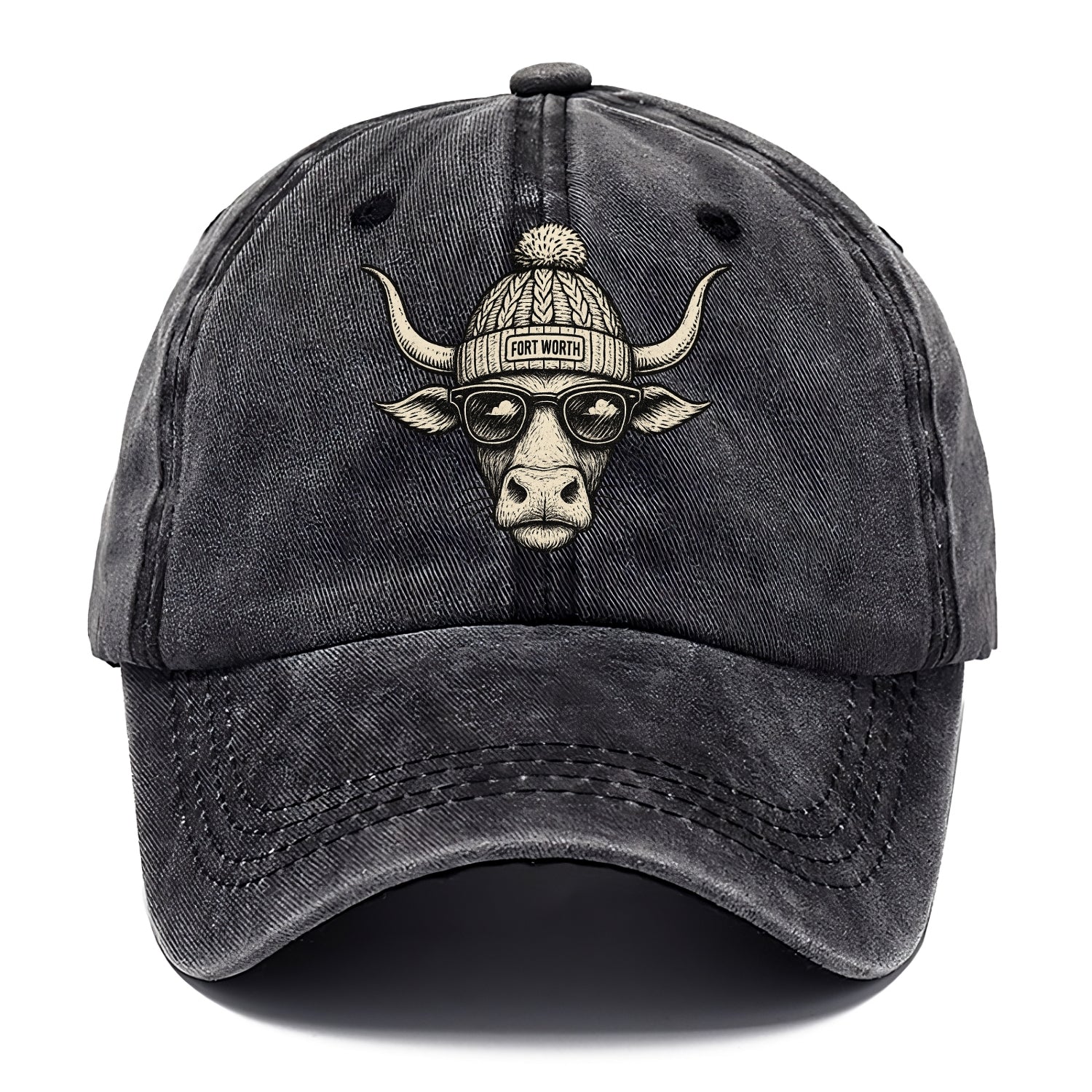 Fort Worth Longhorn wearing Fort Worth beanie with pom pom and wayfarer sunglasses - Classic Cap - Graphite