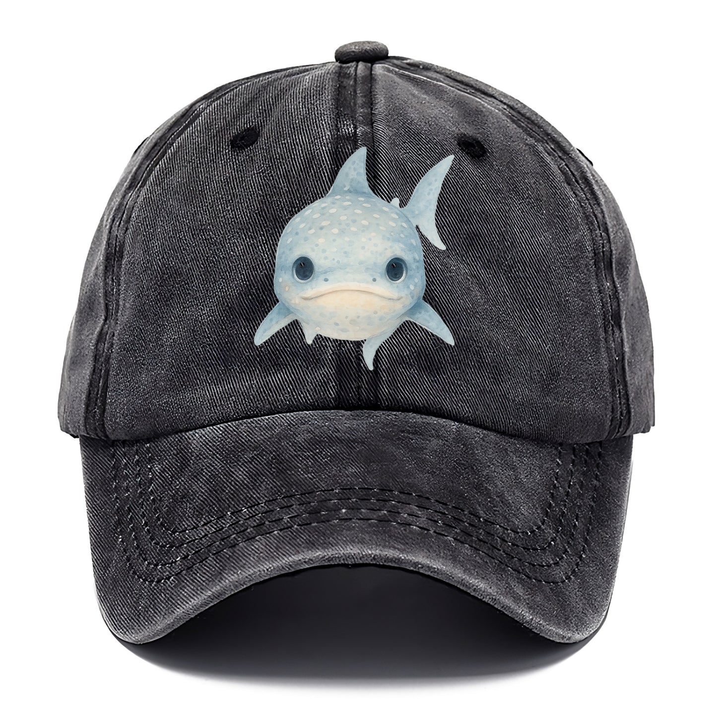 Baby Whale Shark - spotted blue-gray, wide mouth closed, tiny eyes, front-facing, - Classic Cap - Graphite