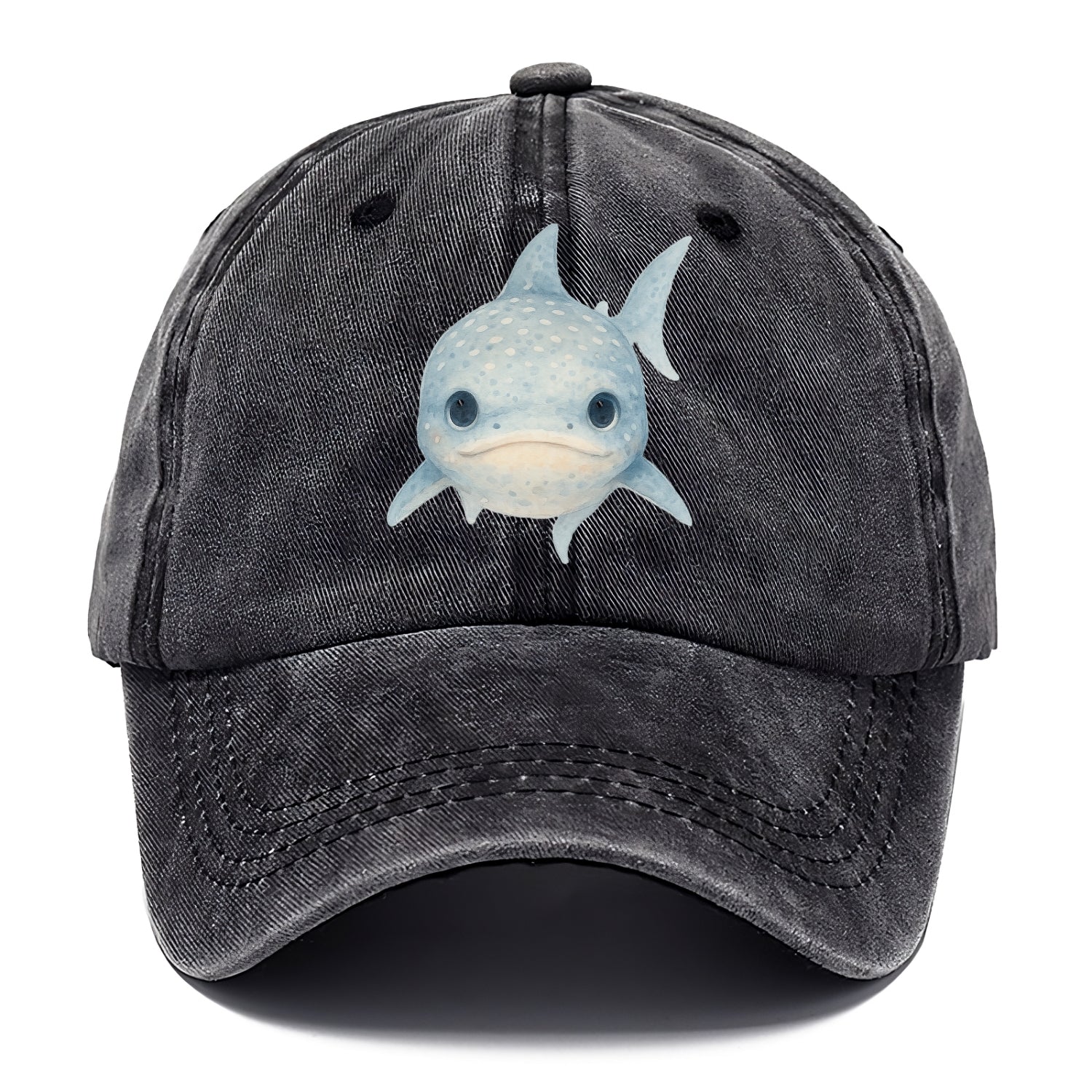Baby Whale Shark - spotted blue-gray, wide mouth closed, tiny eyes, front-facing, - Classic Cap - Graphite