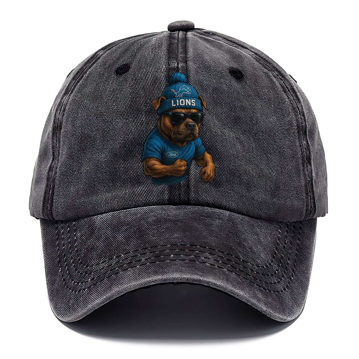 Detroit Pitbull wearing Lions beanie with auto patch and wayfarer sunglasses - Classic Cap - Graphite