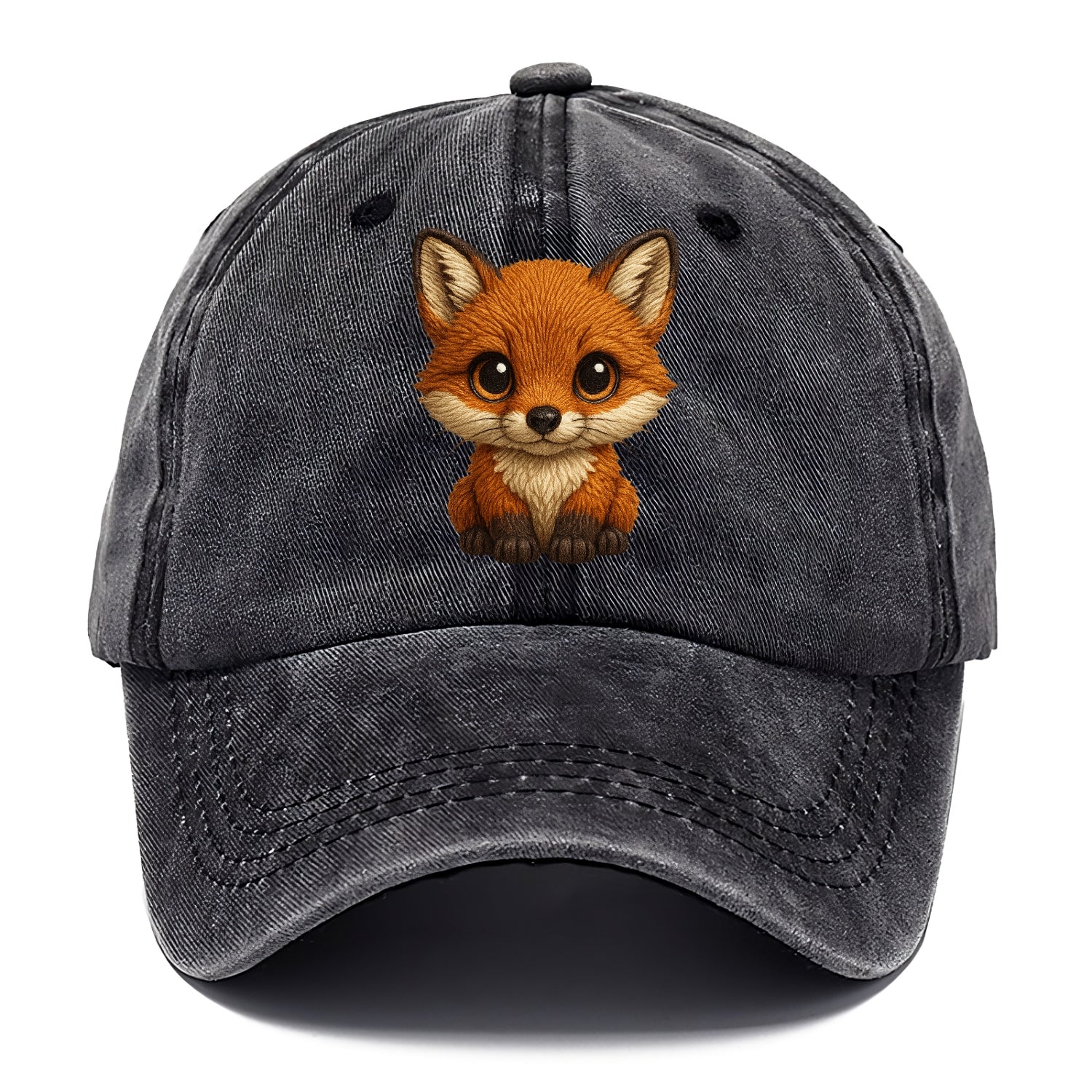 Baby Red Fox - russet fur, white chest, big amber eyes, perky ears, front-facing, - Classic Cap - Graphite