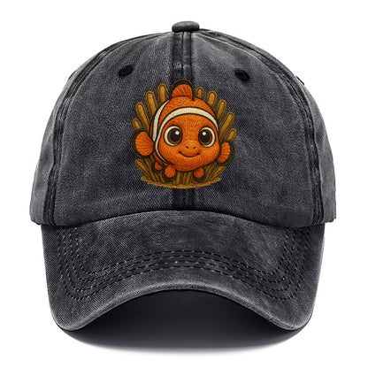 Baby Clownfish - orange with white stripes, big round eyes, front-facing in anemone, - Classic Cap - Graphite