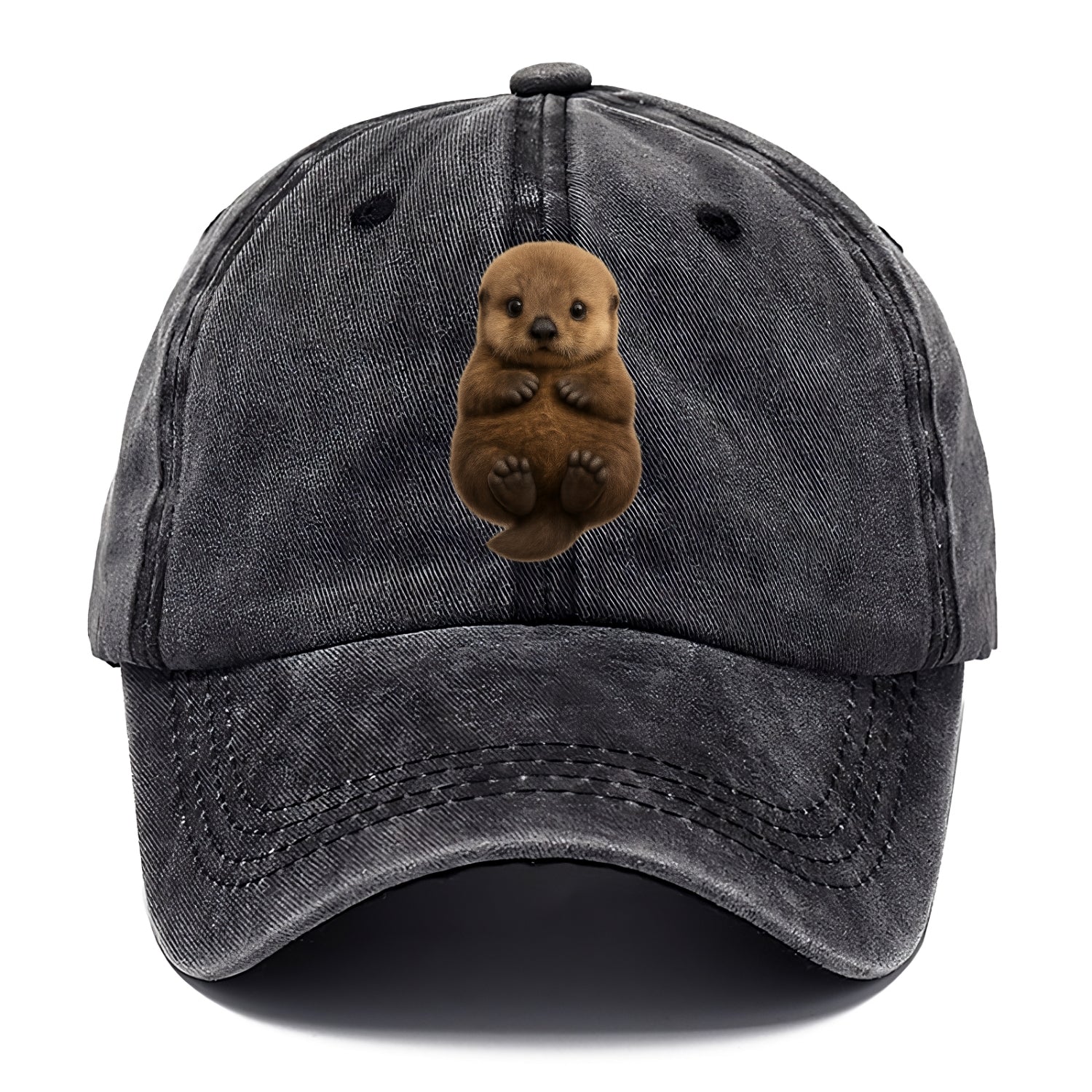 Baby Sea Otter - brown fluffy, floating on back, tiny paws, bright eyes, - Classic Cap - Graphite