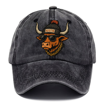 Texas Longhorn wearing Austin beanie with pom pom and wayfarer sunglasses - Classic Cap - Graphite