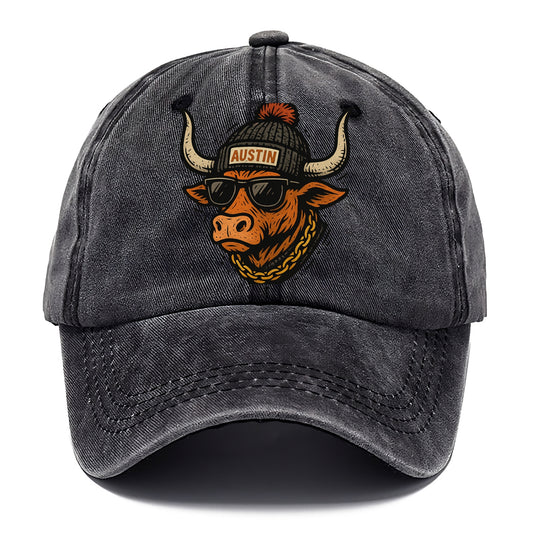 Texas Longhorn wearing Austin beanie with pom pom and wayfarer sunglasses - Classic Cap - Graphite