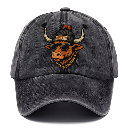 Texas Longhorn wearing Austin beanie with pom pom and wayfarer sunglasses - Classic Cap