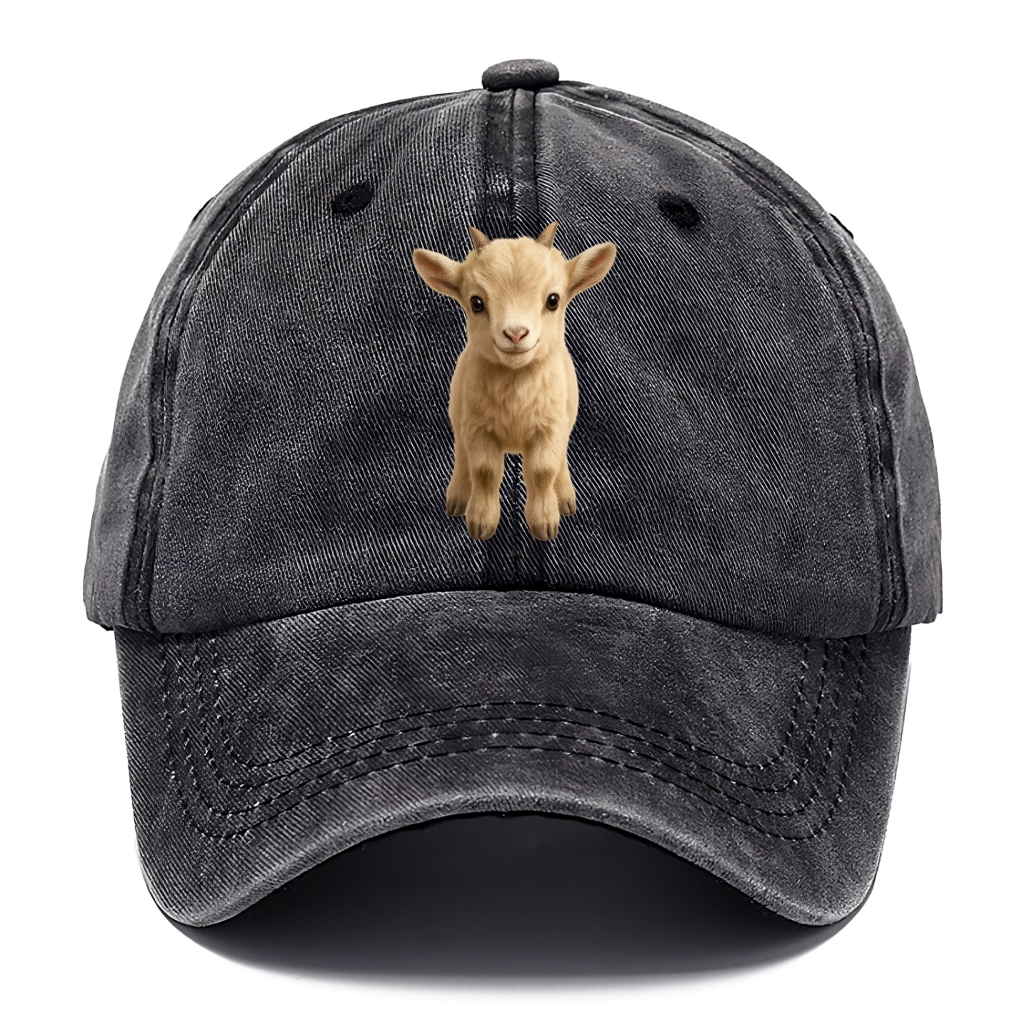 Baby Goat Kid - small horns, rectangular pupils, fluffy, playful eyes, front-facing, - Classic Cap - Graphite