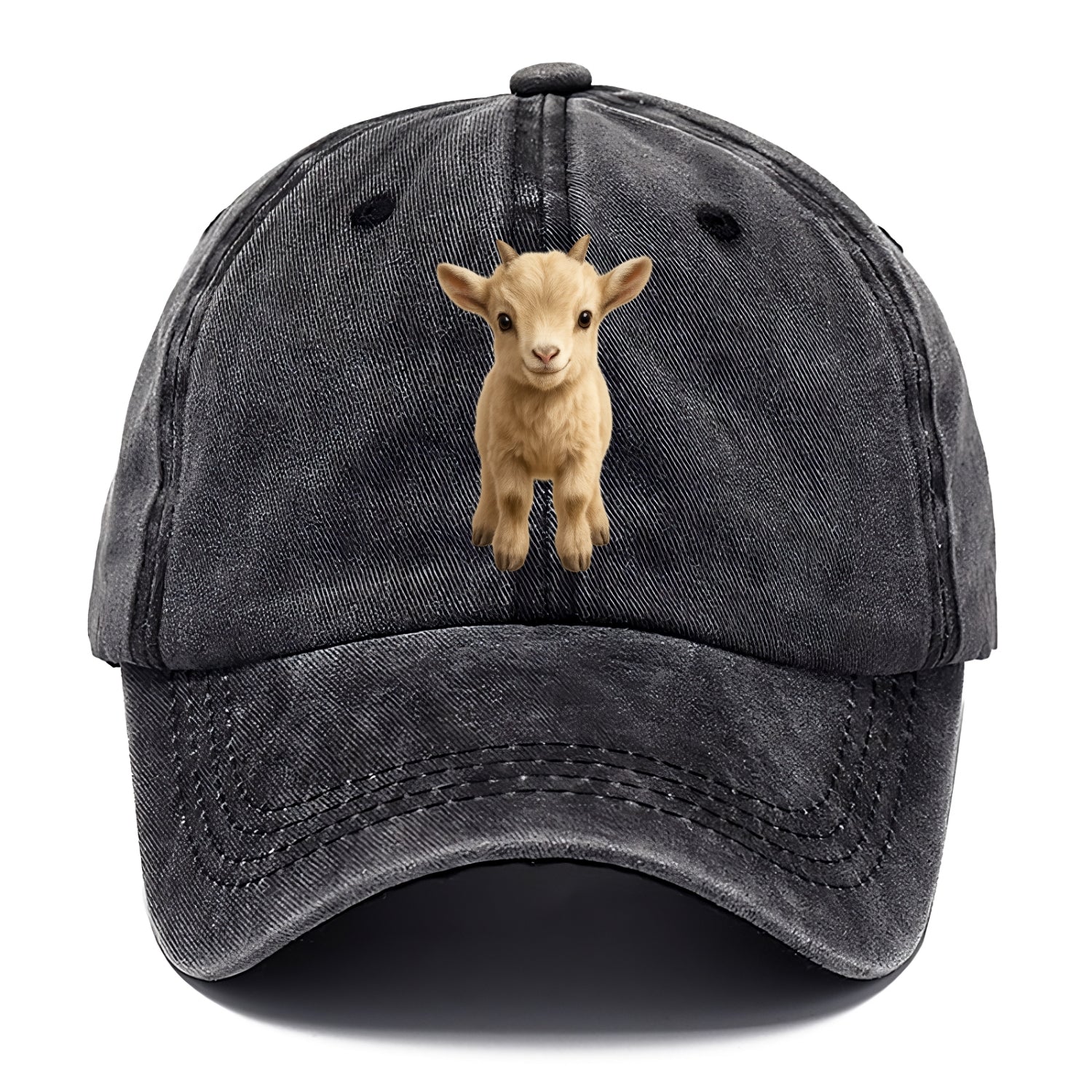 Baby Goat Kid - small horns, rectangular pupils, fluffy, playful eyes, front-facing, - Classic Cap - Graphite