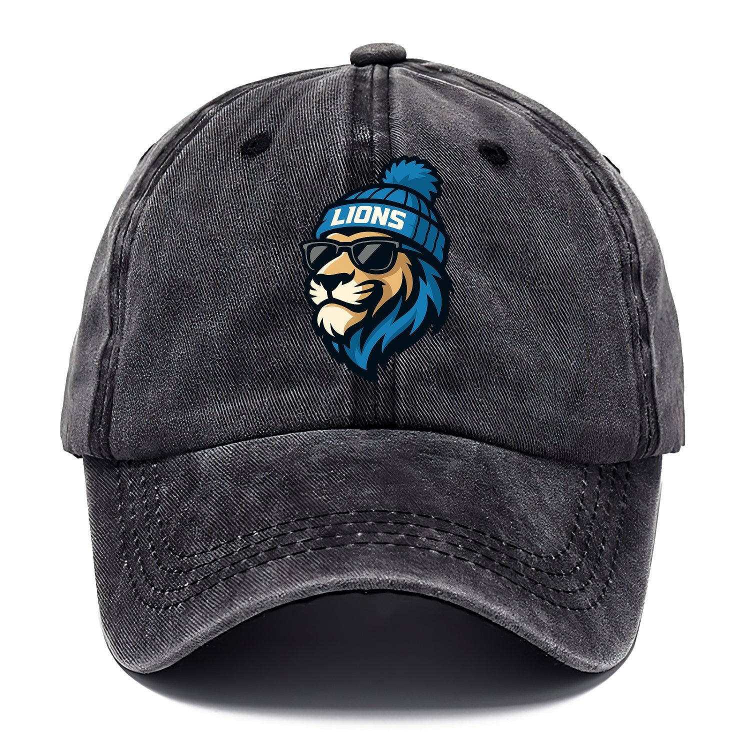 Detroit Lion wearing Lions Honolulu blue and silver beanie with pom pom and wayfarer - Classic Cap - Graphite
