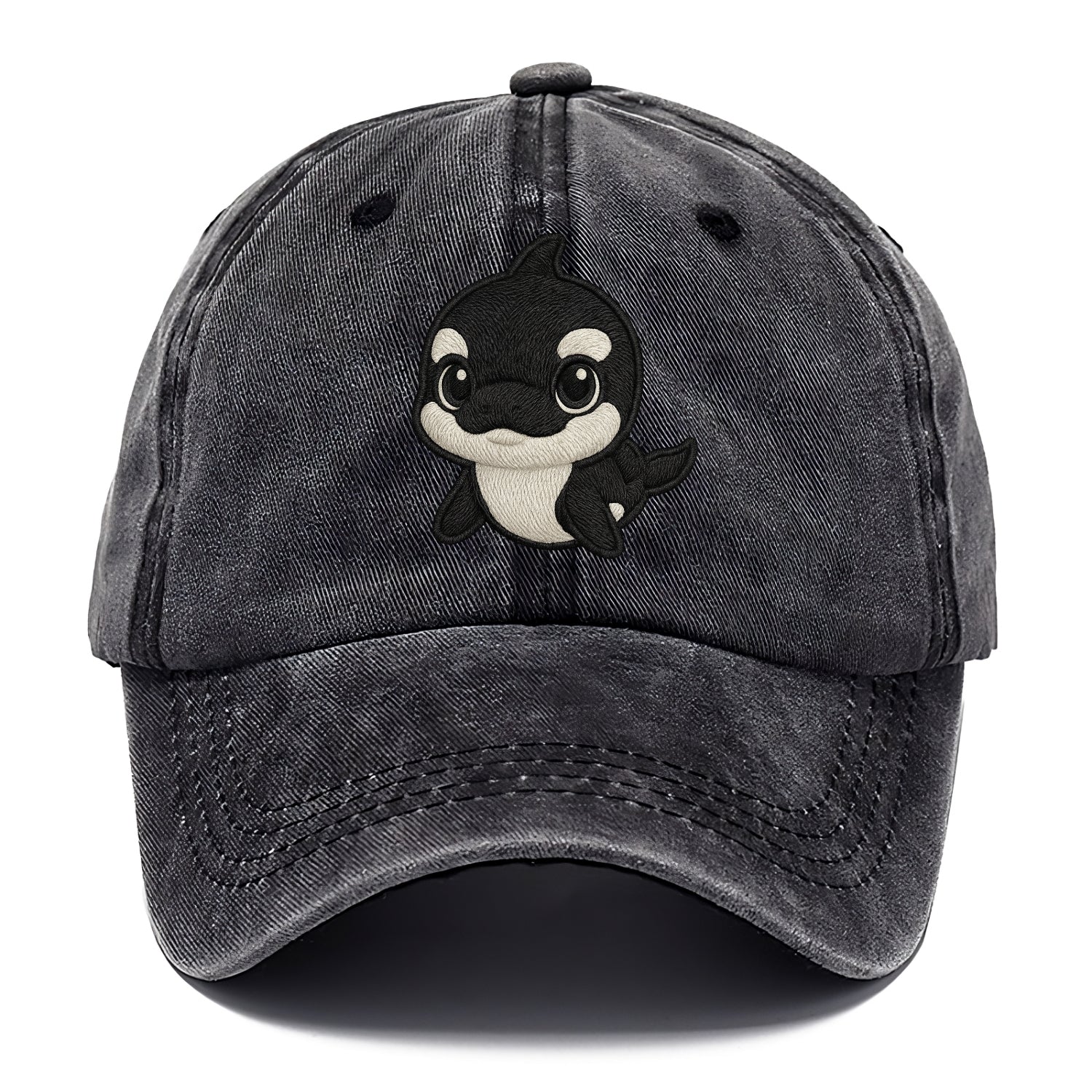 Baby Orca - black and white pattern, white eye patch, front-facing, curious and - Classic Cap - Graphite