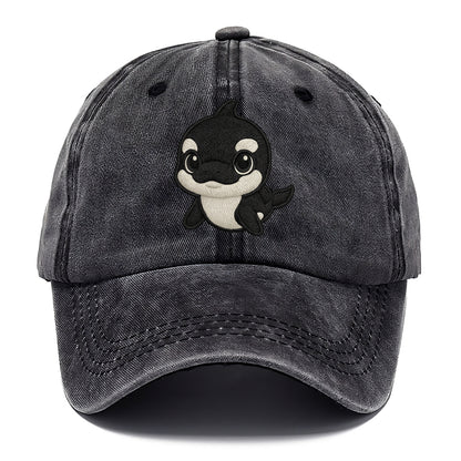 Baby Orca - black and white pattern, white eye patch, front-facing, curious and - Classic Cap - Graphite