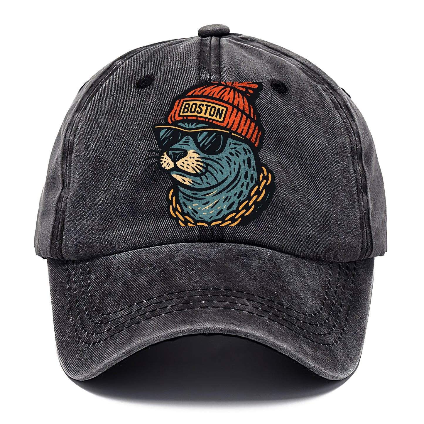 Boston Harbor Seal wearing Boston beanie with pom pom and wayfarer sunglasses - Classic Cap - Graphite