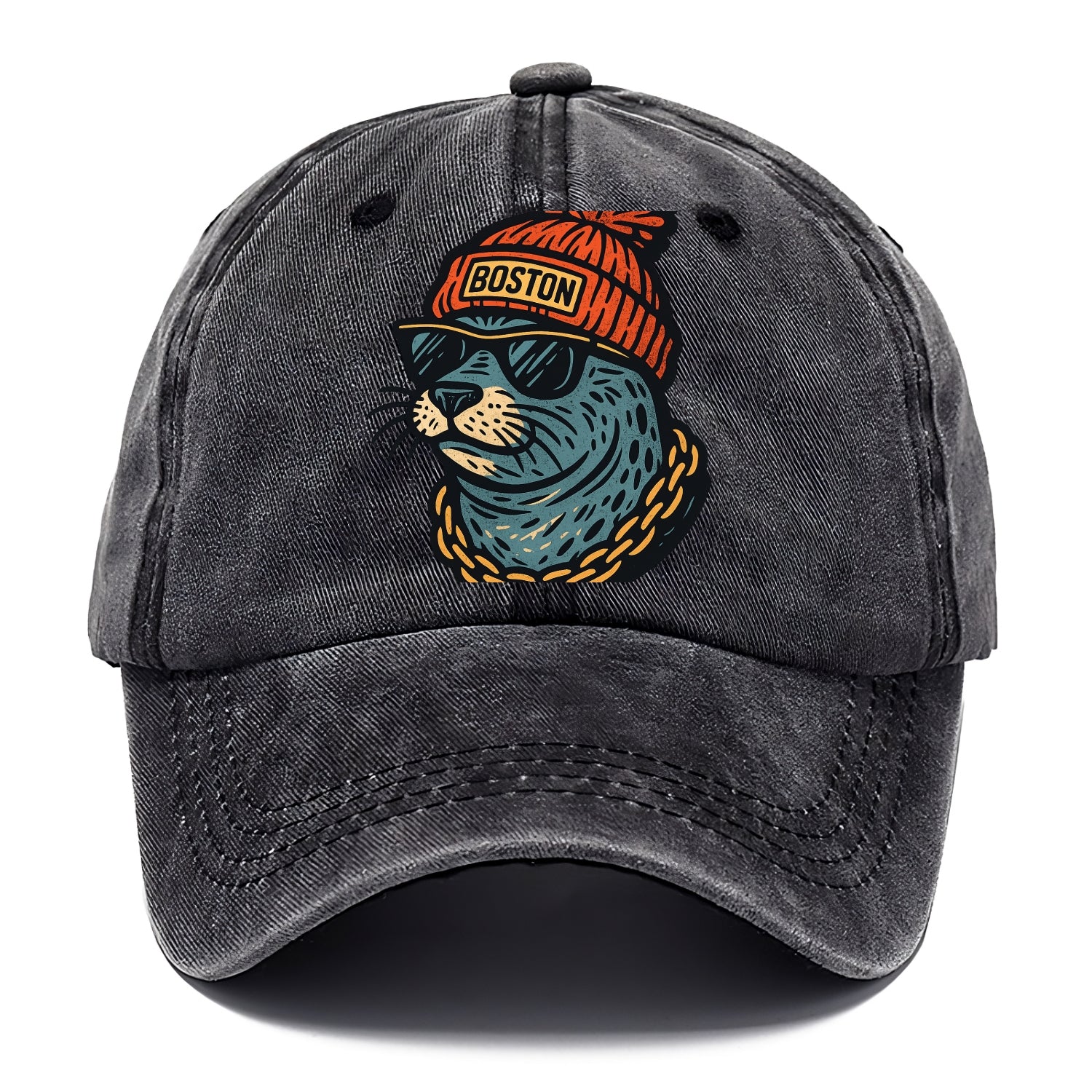 Boston Harbor Seal wearing Boston beanie with pom pom and wayfarer sunglasses - Classic Cap - Graphite