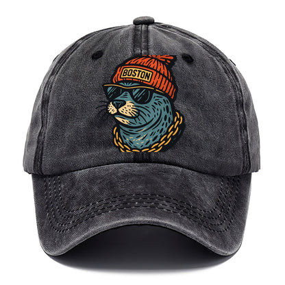 Boston Harbor Seal wearing Boston beanie with pom pom and wayfarer sunglasses - Classic Cap - Graphite