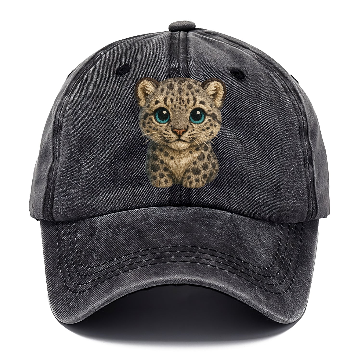 Baby Snow Leopard Cub - gray spotted, thick fur, blue-green eyes, front-facing, - Classic Cap - Graphite