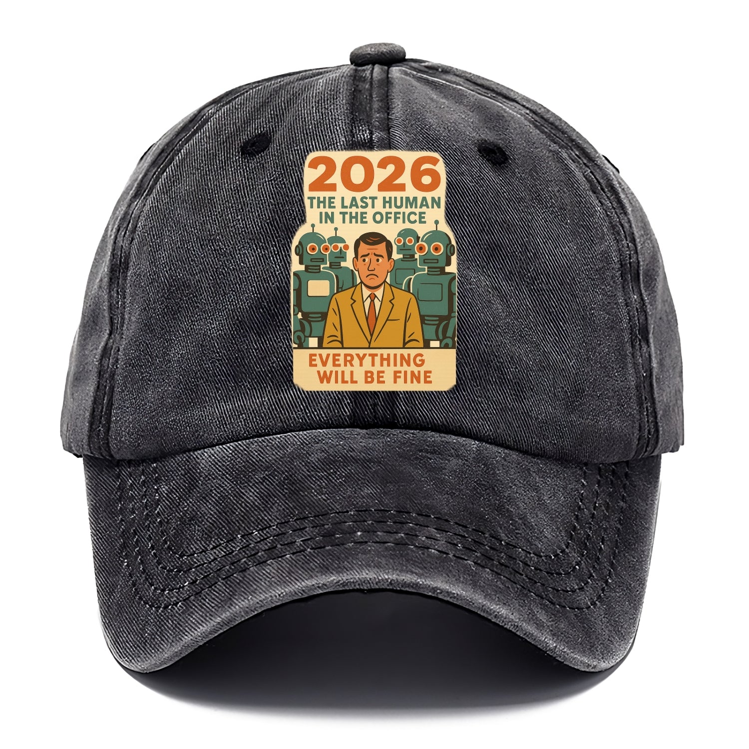 Single human worker surrounded by robot coworkers - "The last human in the office" - Classic Cap - Graphite