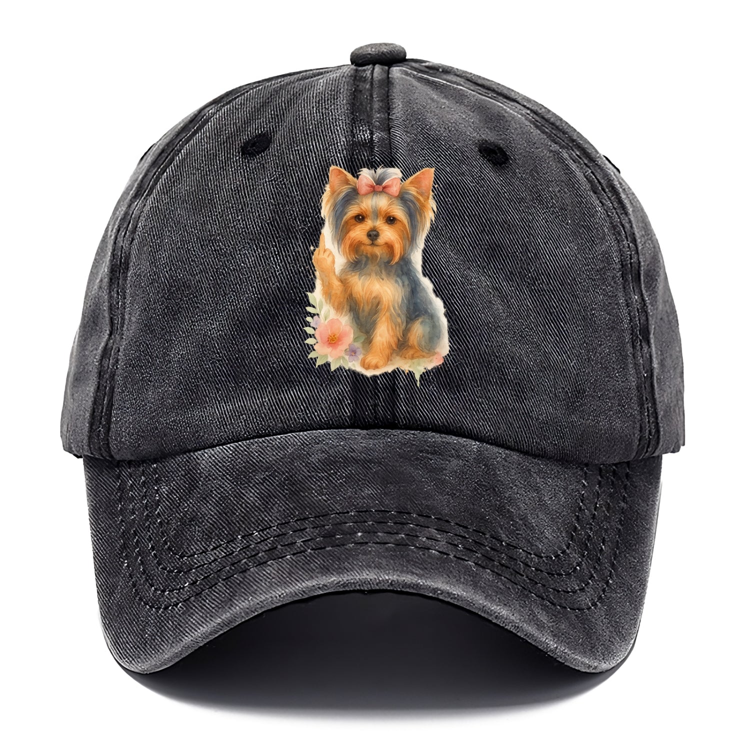 Yorkshire Terrier with topknot bow, one delicate paw flipping off - Classic Cap - Graphite