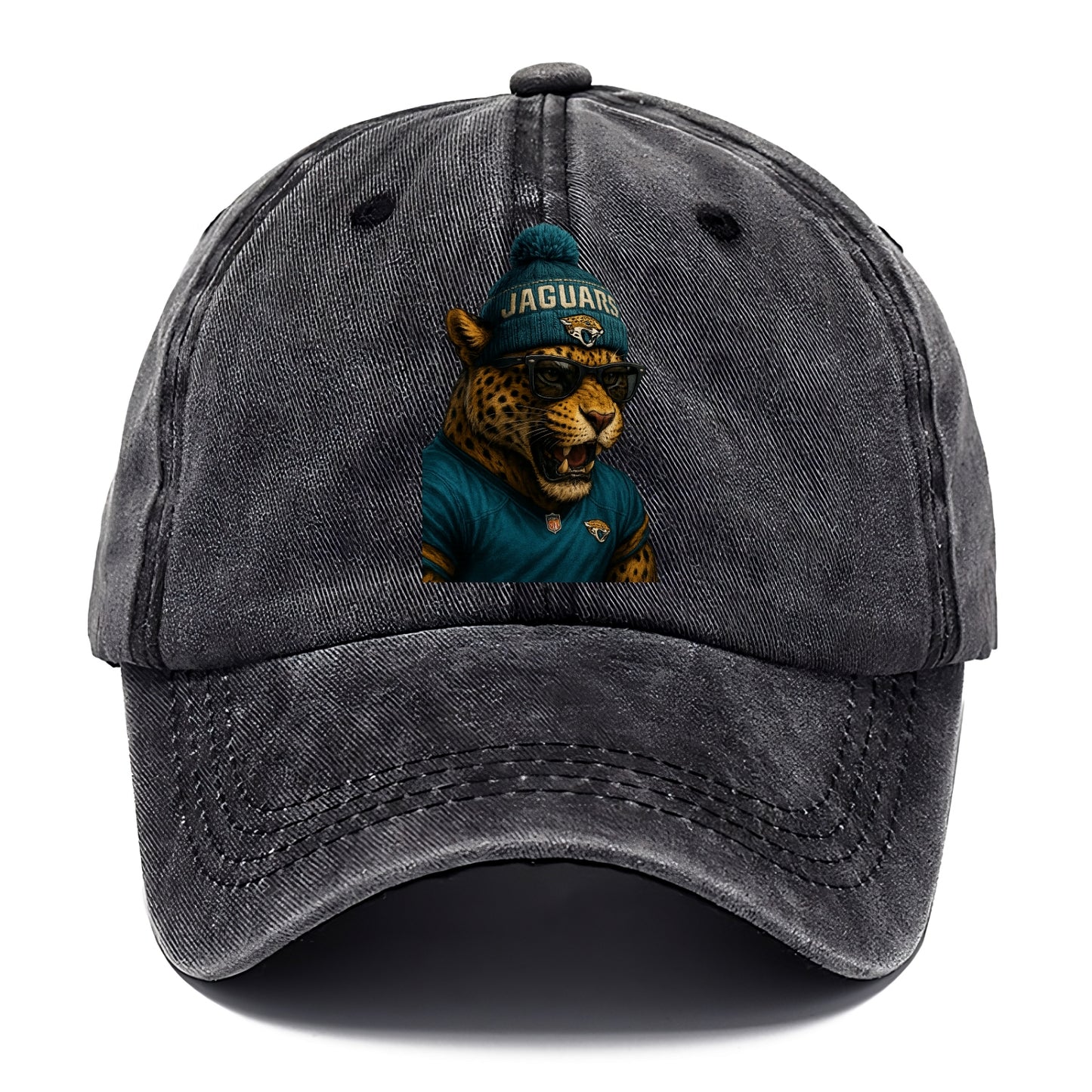 Jacksonville Jaguar wearing Jaguars teal and gold beanie with pom pom and wayfarer - Classic Cap - Graphite