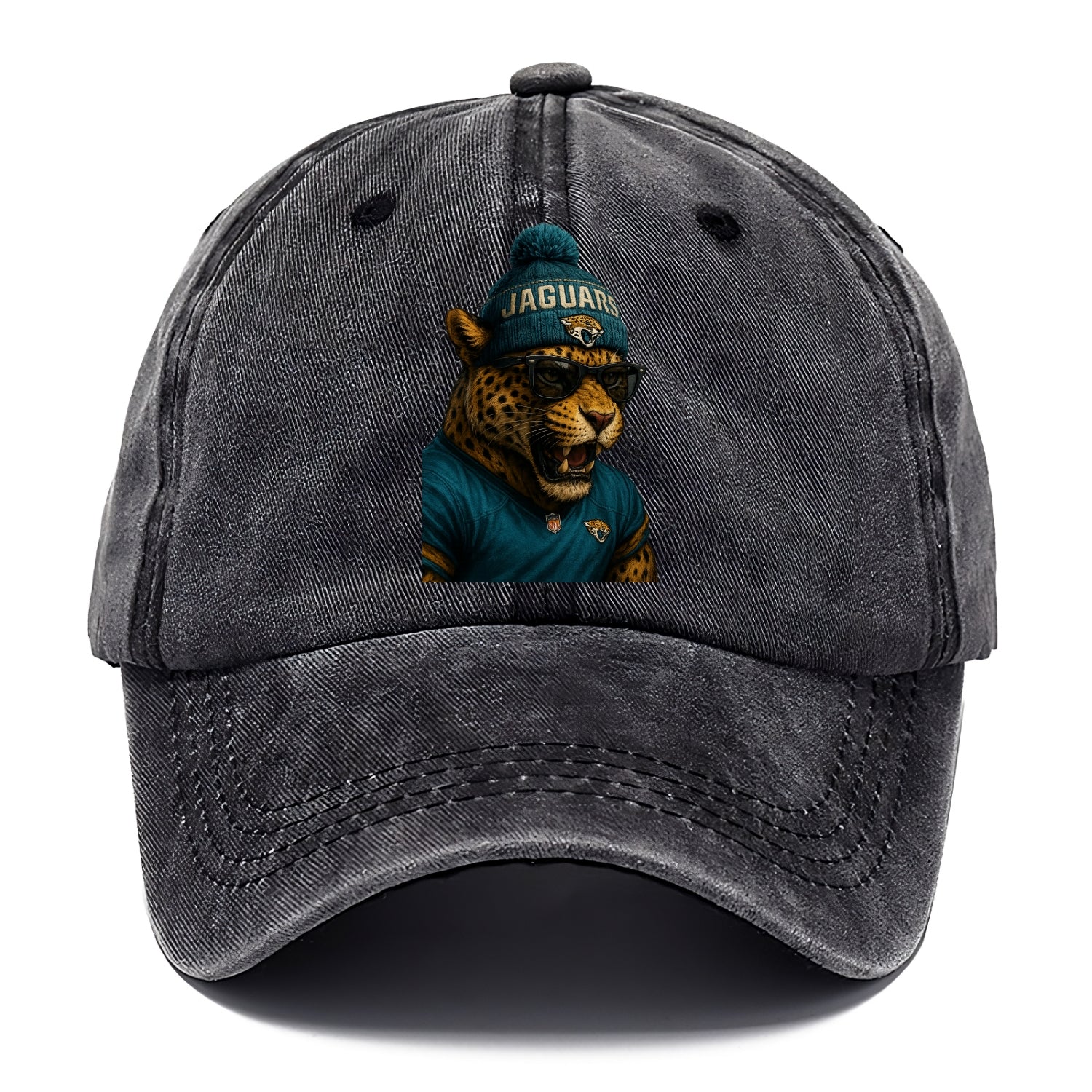 Jacksonville Jaguar wearing Jaguars teal and gold beanie with pom pom and wayfarer - Classic Cap - Graphite