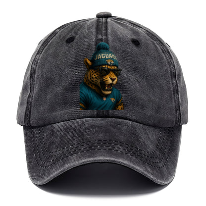 Jacksonville Jaguar wearing Jaguars teal and gold beanie with pom pom and wayfarer - Classic Cap - Graphite