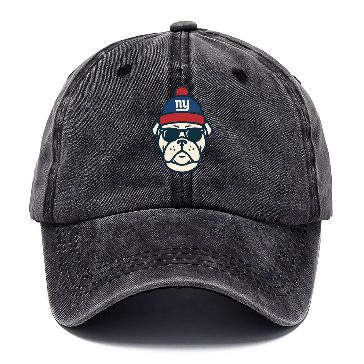 New York Bulldog wearing Giants blue and red beanie with pom pom and wayfarer - Classic Cap - Graphite