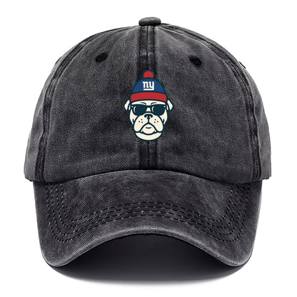 New York Bulldog wearing Giants blue and red beanie with pom pom and wayfarer - Classic Cap - Graphite