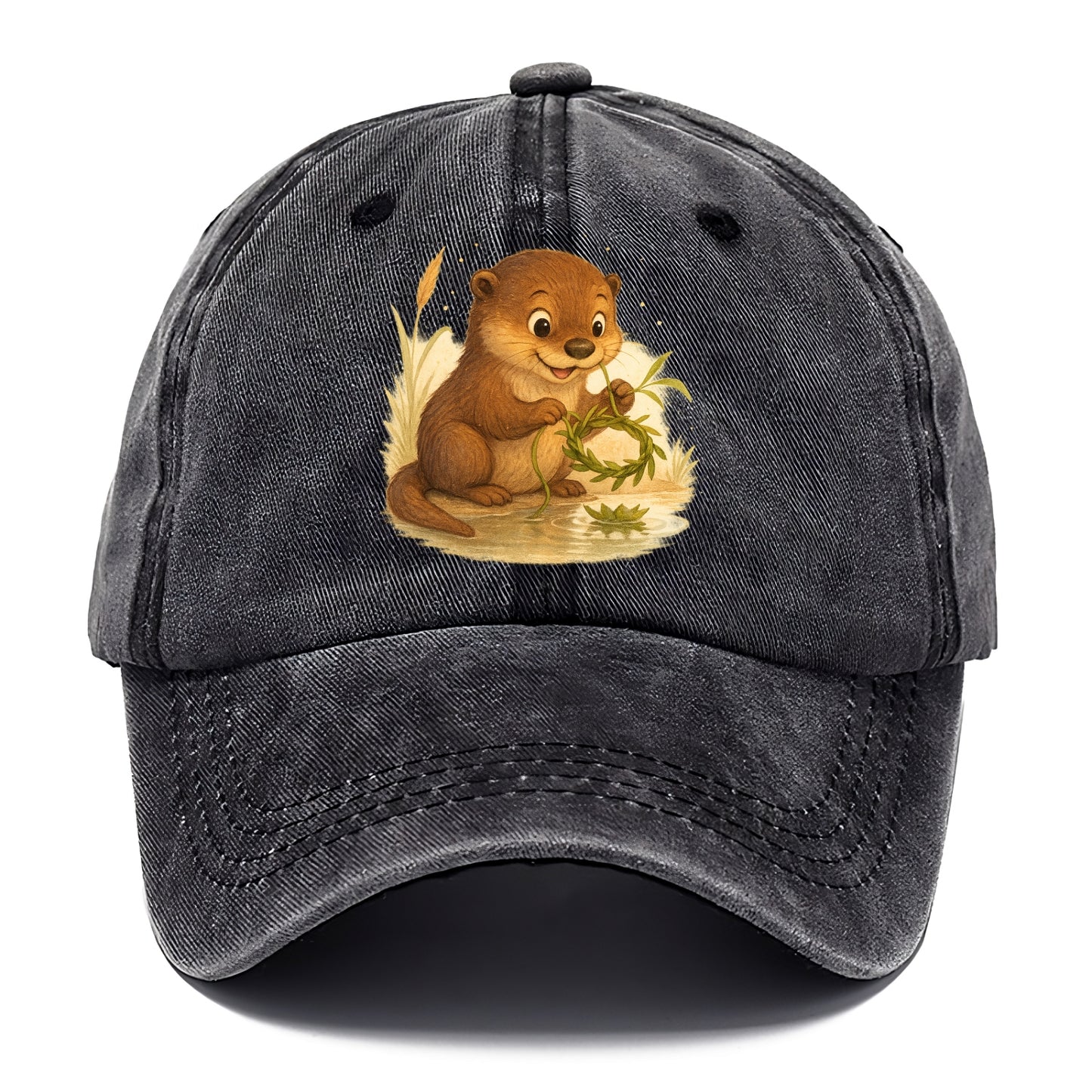 Otter weaving river reeds into a floating crown beside mirror-still water - Classic Cap - Graphite