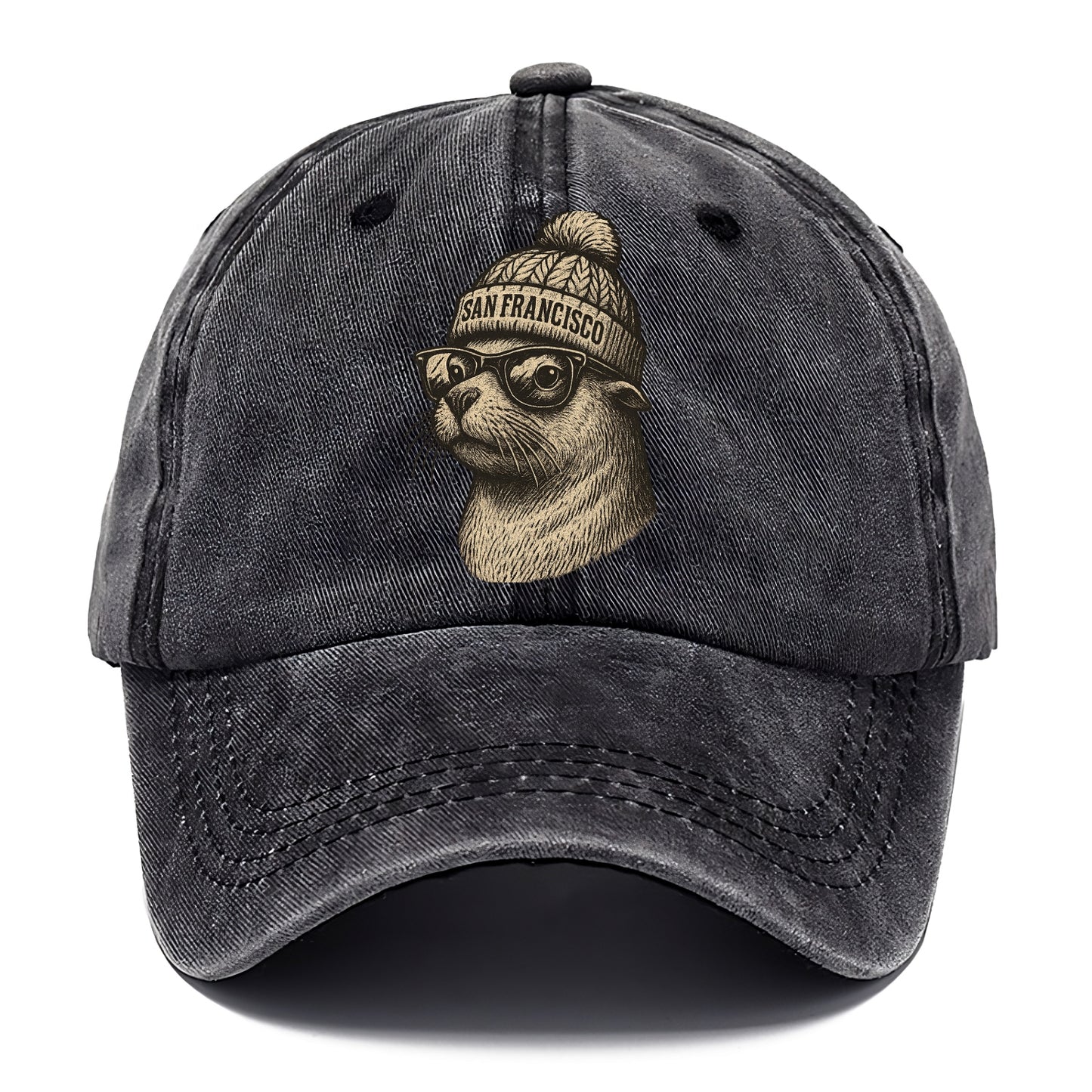 San Francisco Sea Lion wearing San Francisco beanie with pom pom and wayfarer - Classic Cap - Graphite