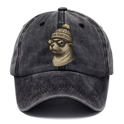 San Francisco Sea Lion wearing San Francisco beanie with pom pom and wayfarer - Classic Cap - Graphite