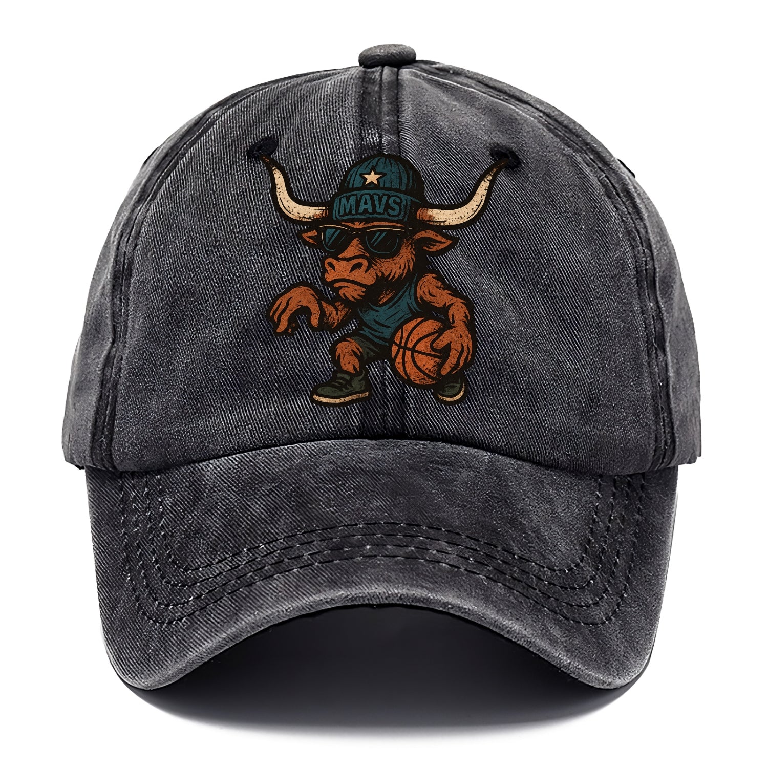 Texas Longhorn wearing Mavs beanie with lone star patch and wayfarer sunglasses - Classic Cap - Graphite