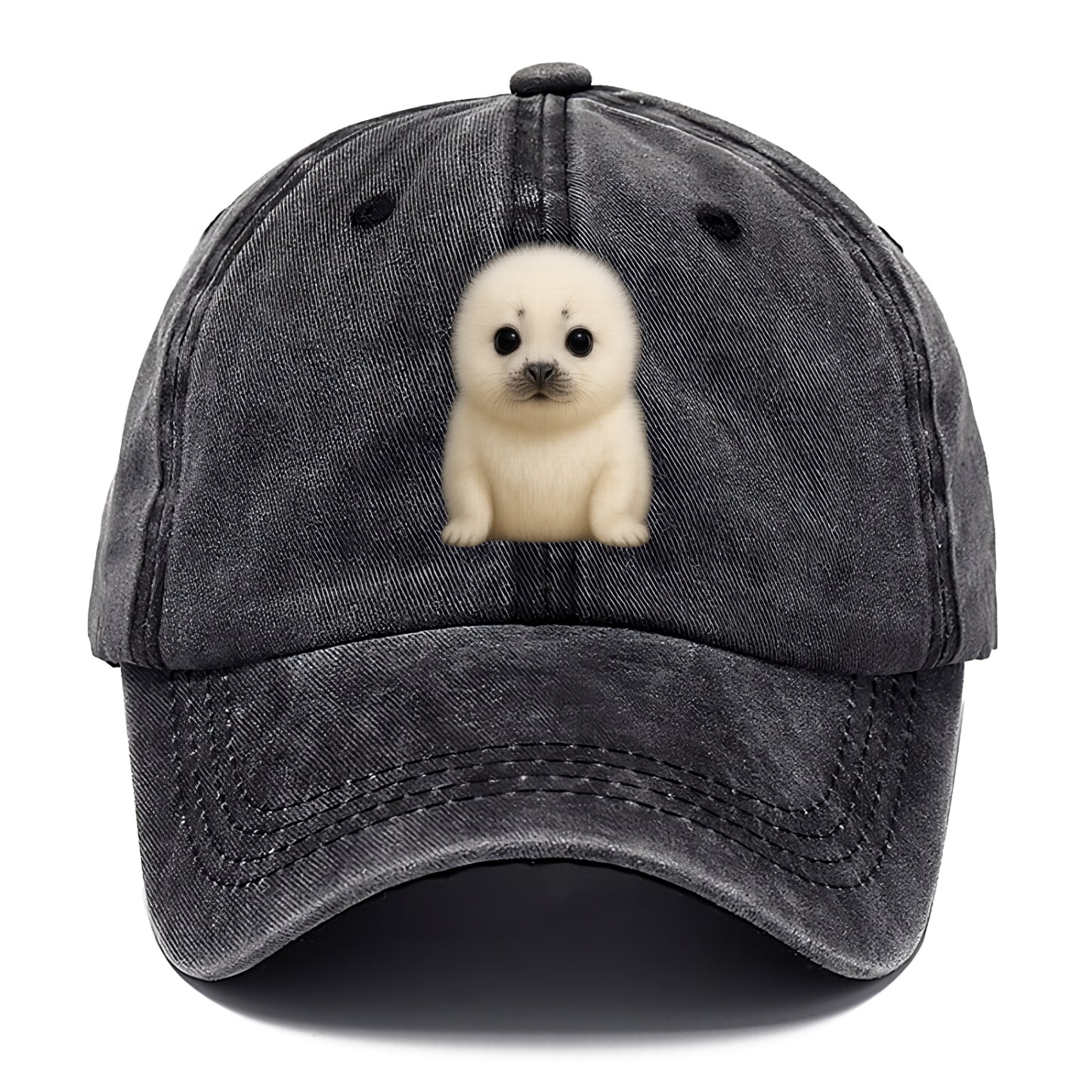 Baby Harp Seal - pure white fluffy fur, enormous dark eyes, front-facing, iconic cute - Classic Cap - Graphite