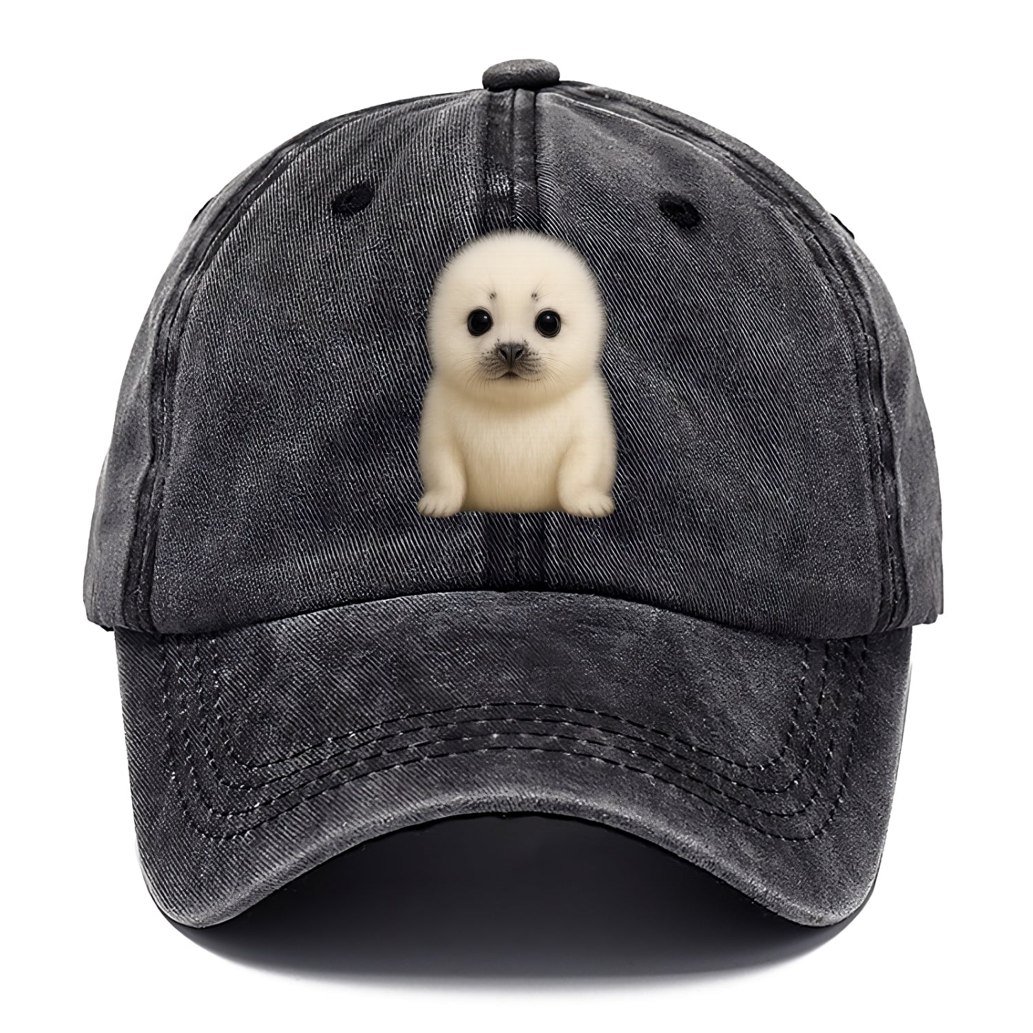 Baby Harp Seal - pure white fluffy fur, enormous dark eyes, front-facing, iconic cute - Classic Cap - Graphite