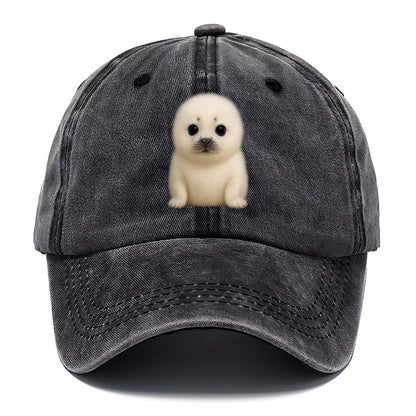 Baby Harp Seal - pure white fluffy fur, enormous dark eyes, front-facing, iconic cute - Classic Cap - Graphite