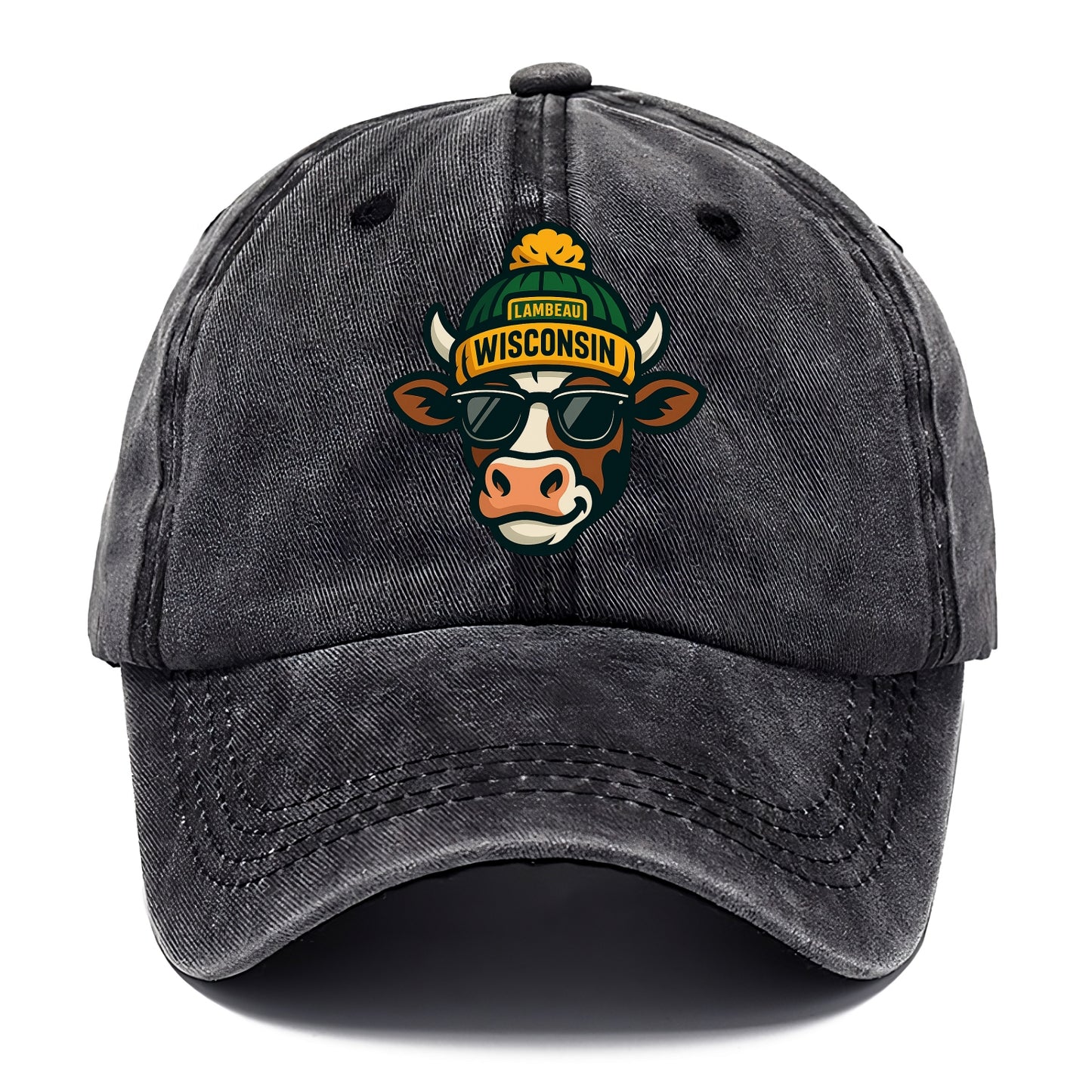 Wisconsin Cow wearing Packers beanie with Lambeau patch and wayfarer sunglasses - Classic Cap - Graphite