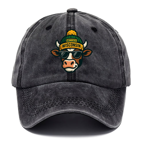 Wisconsin Cow wearing Packers beanie with Lambeau patch and wayfarer sunglasses - Classic Cap