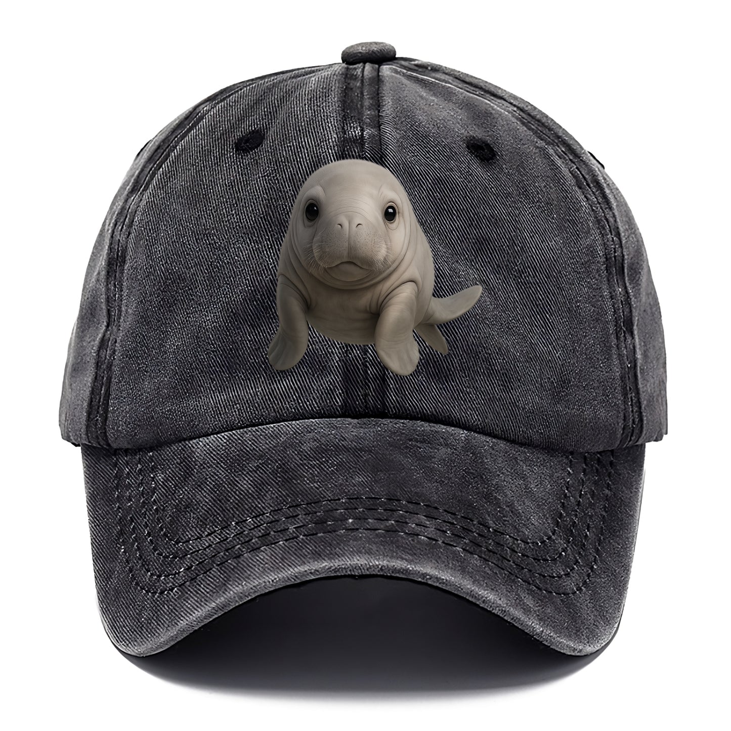 Baby Dugong - gray with paddle tail, gentle expression, whiskers, front-facing, sweet - Classic Cap - Graphite