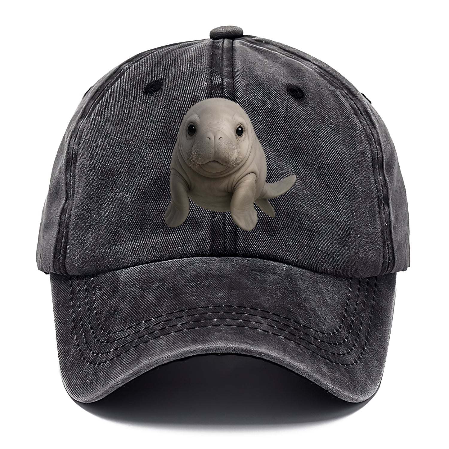Baby Dugong - gray with paddle tail, gentle expression, whiskers, front-facing, sweet - Classic Cap - Graphite