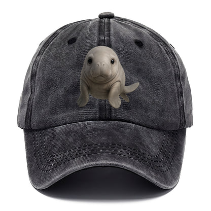 Baby Dugong - gray with paddle tail, gentle expression, whiskers, front-facing, sweet - Classic Cap - Graphite