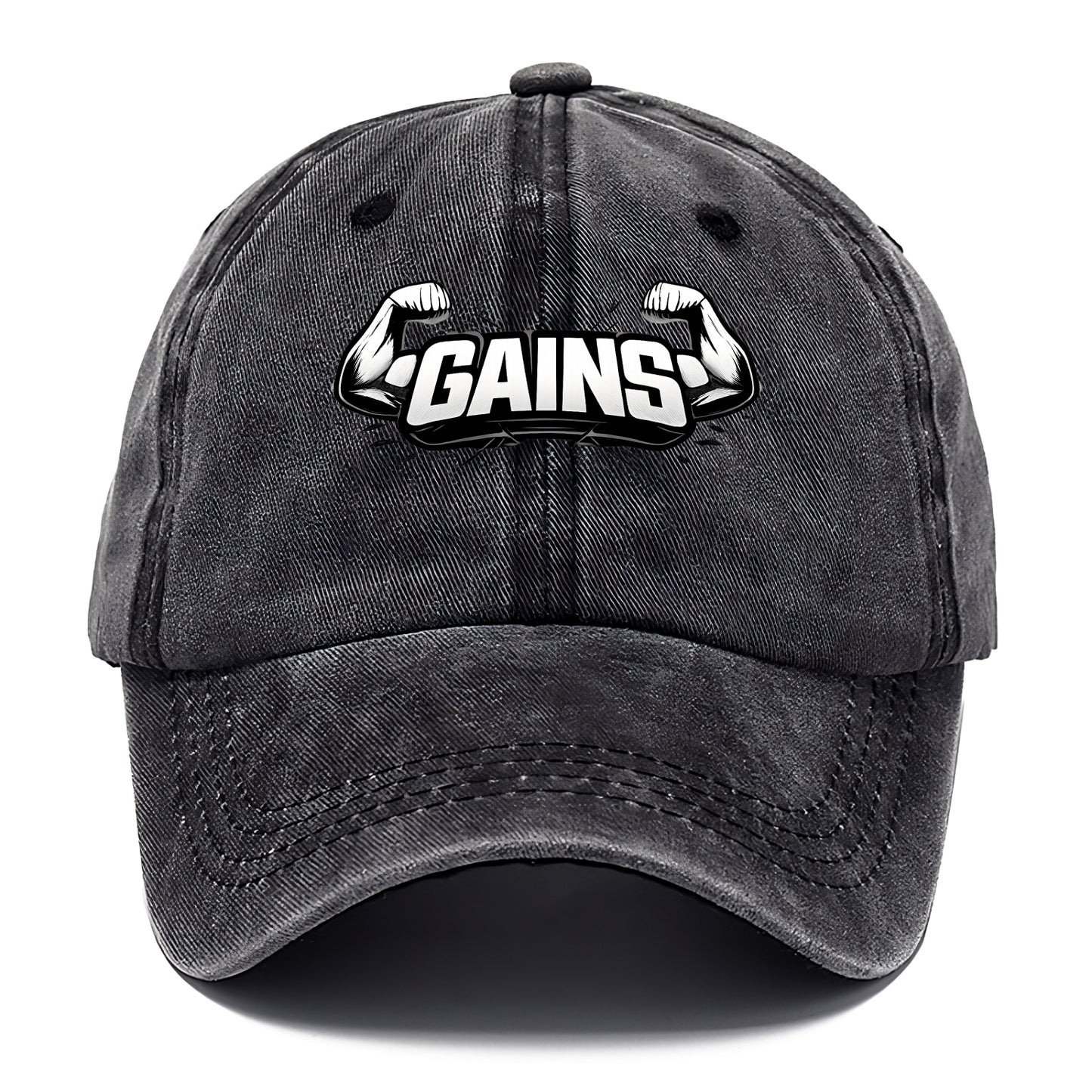 Bold typography design - "GAINS" - muscle growth, progress visible - Classic Cap - Graphite