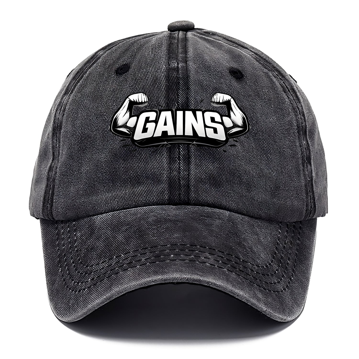 Bold typography design - "GAINS" - muscle growth, progress visible - Classic Cap - Graphite