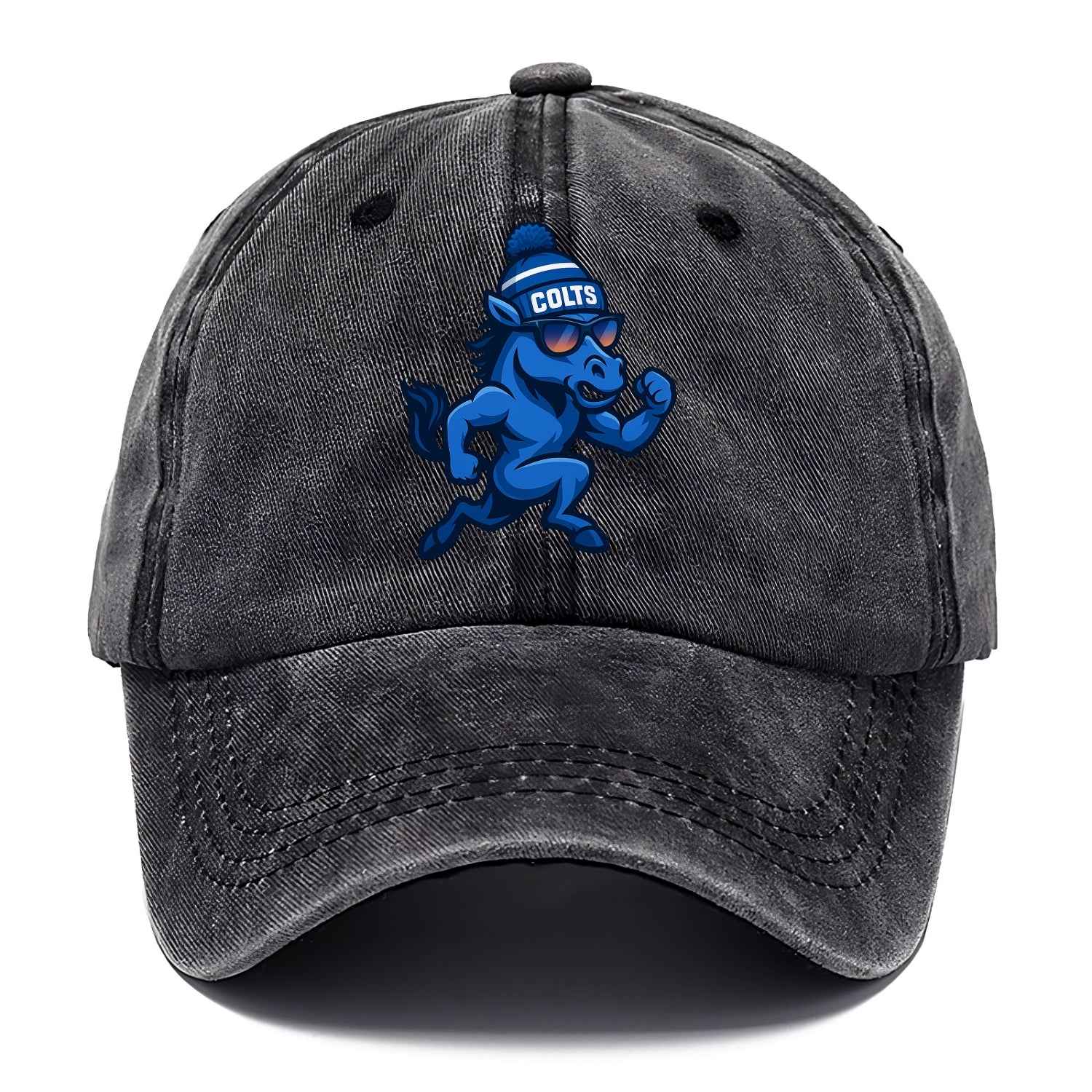 Indianapolis Colt Horse wearing Colts blue and white beanie with pom pom and wayfarer - Classic Cap - Graphite